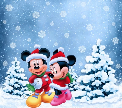 noël, joyeux, mickey, minnie, flocons de neige