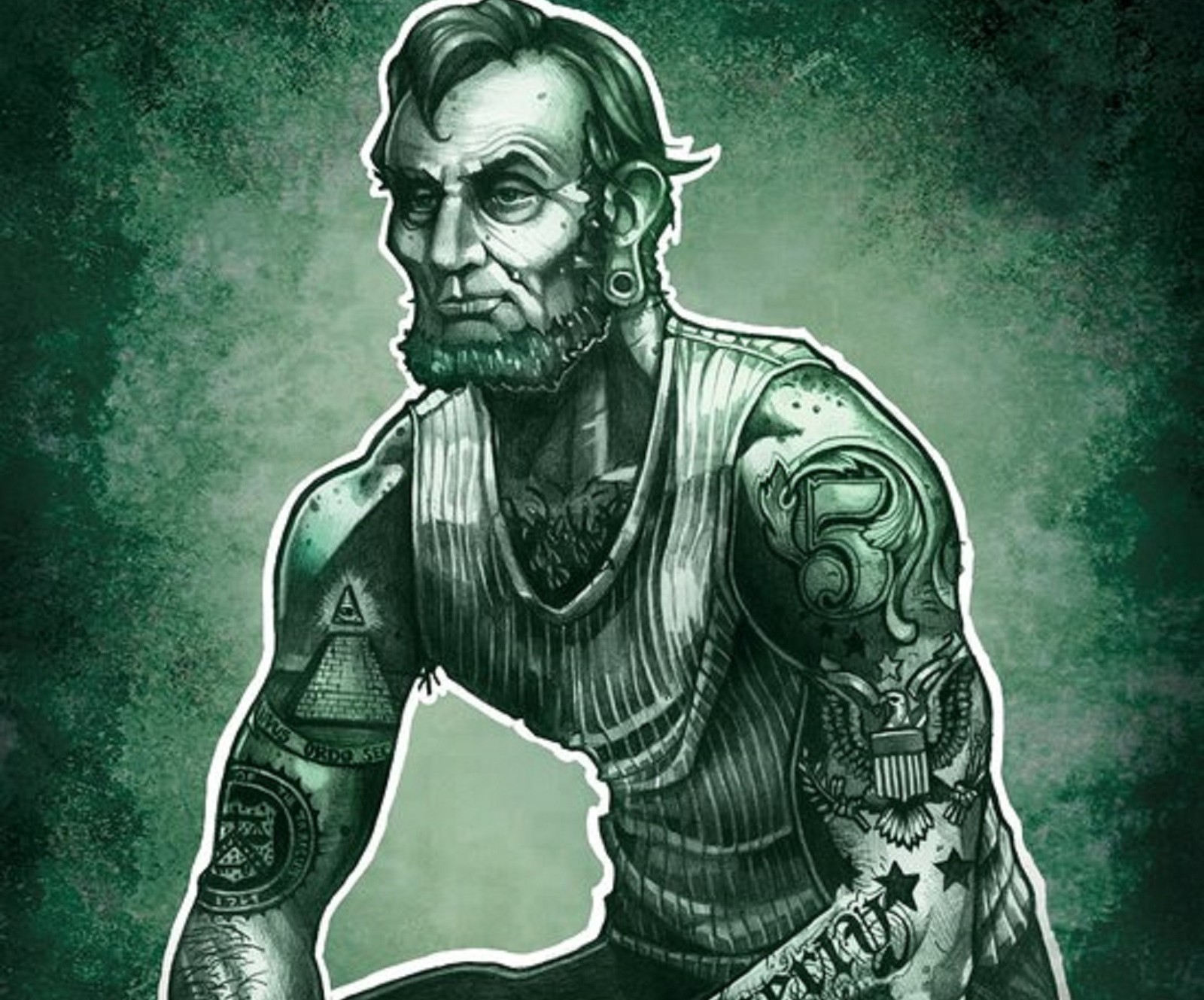 Un dibujo de un hombre con barba sentado en un taburete (verde, tatuaje)