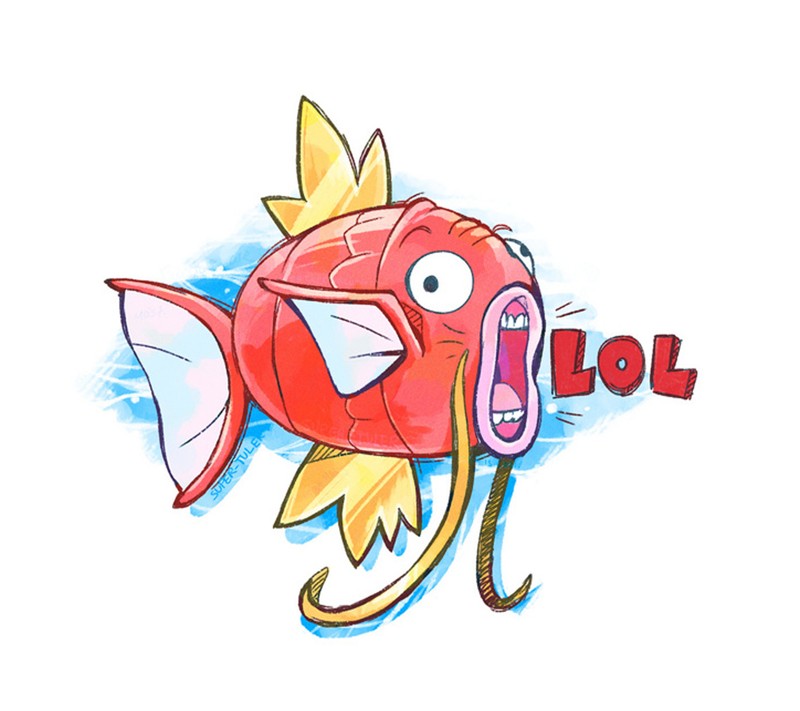 Мультяшная рыба с открытым ртом и языком с надписью 'lolo' во рту (lol, magikarp)