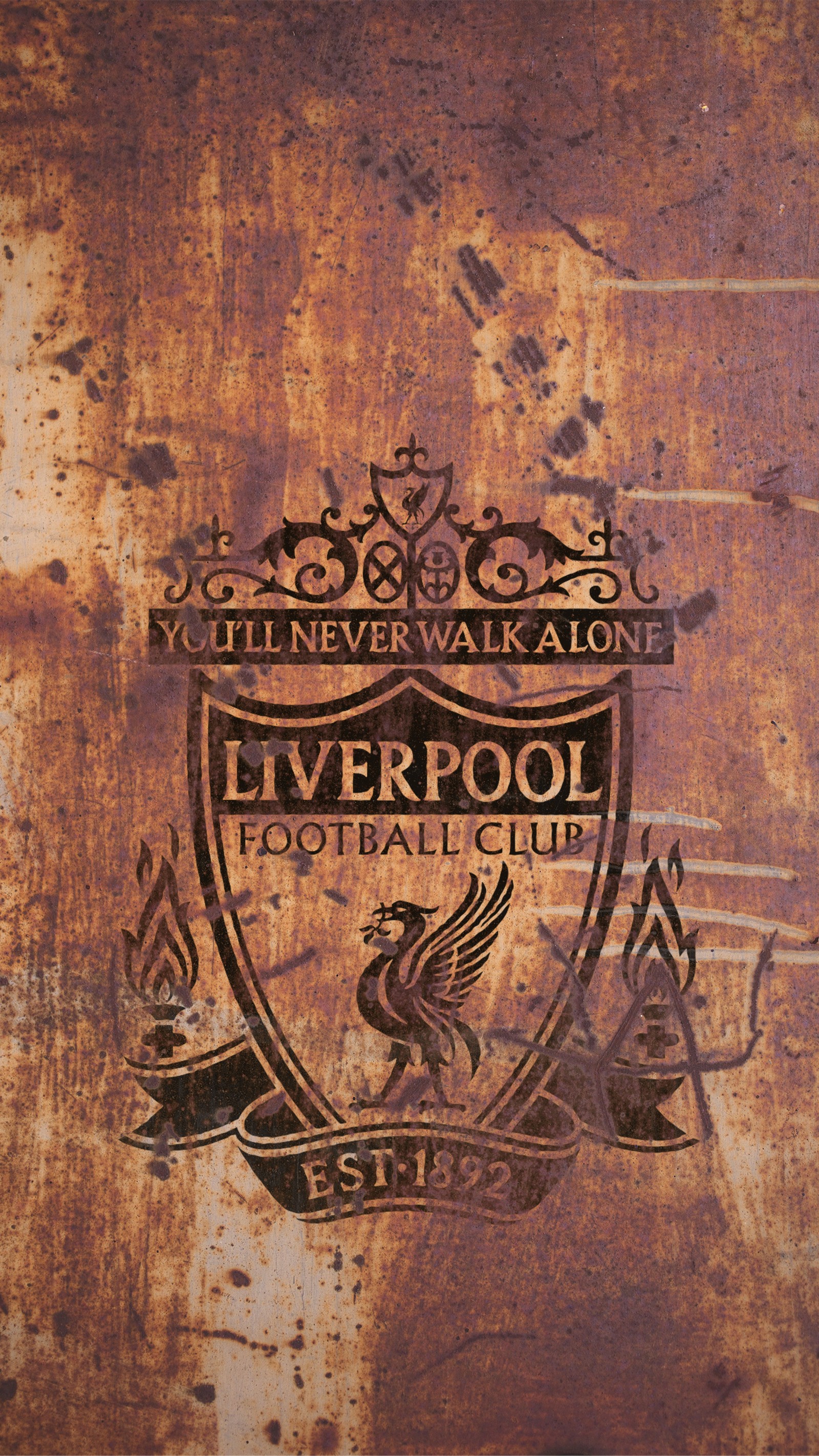 Vue aérienne de l'emblème du liverpool football club sur un mur rouillé (iphone 6, liverpool, rusted metal)