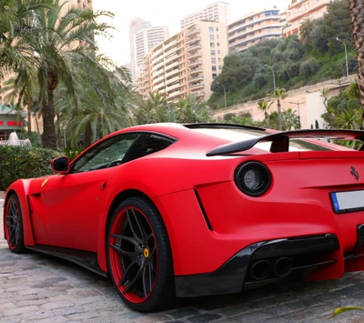 Ferrari F12 Berlinetta: Striking Red Supercar in a Urban Landscape