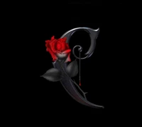 A striking black and red design featuring a rose intertwined with an elegant, metallic letter "R," symbolizing beauty and darkness.