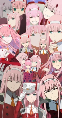 Un collage de Cero Dos de "Darling in the Franxx", mostrando sus diversas expresiones y looks icónicos.