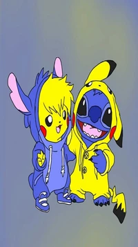 Playful Duo: Pikachu and Stitch in Cozy Costumes