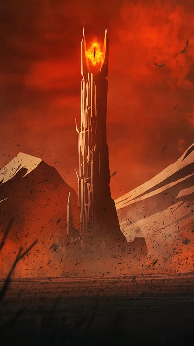 The Dark Tower of Barad-dûr, looming ominously with the Eye of Sauron, amidst a fiery, desolate landscape.