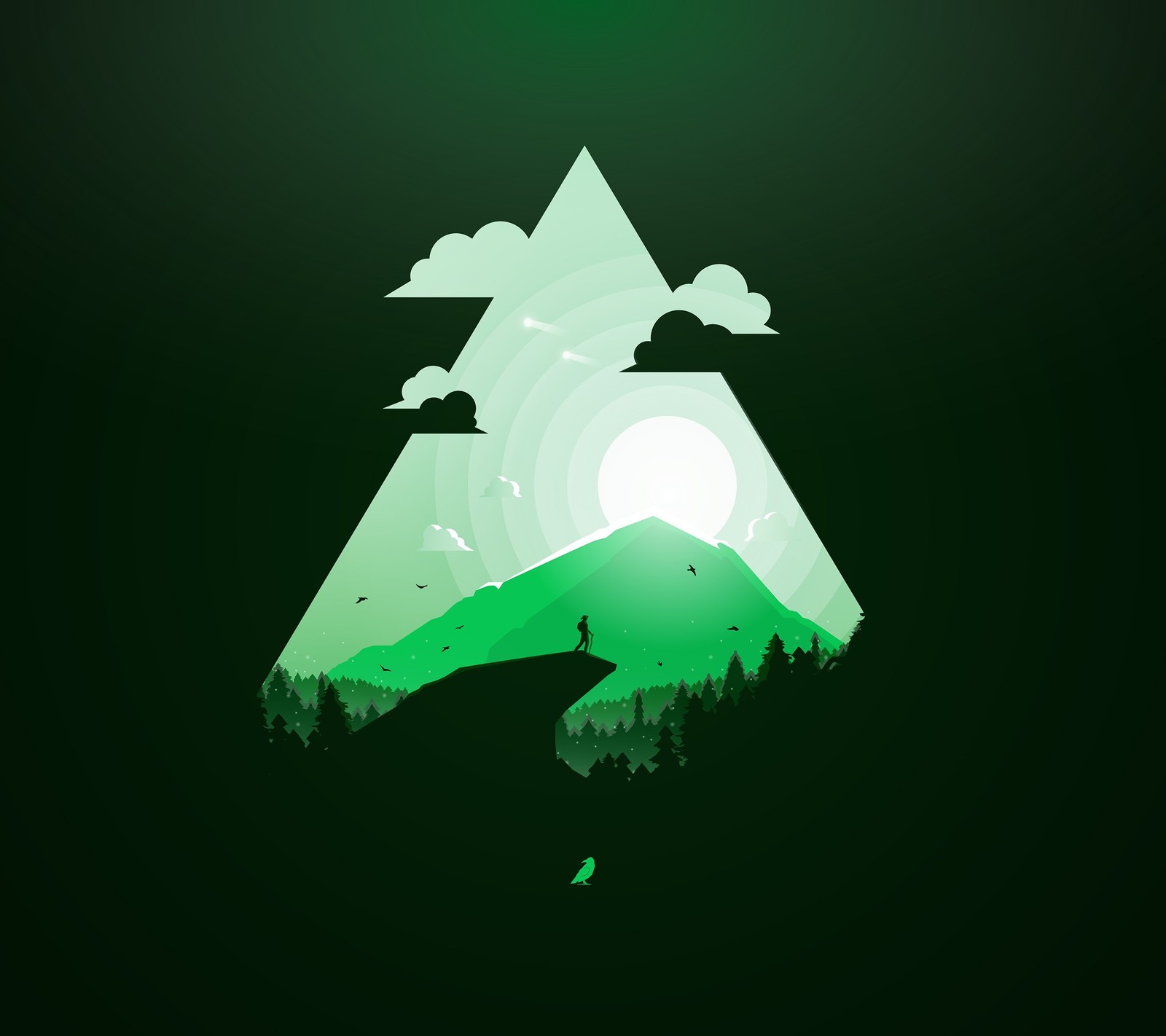 A green triangle with a man standing on a cliff in the middle (green, nature, paradise)