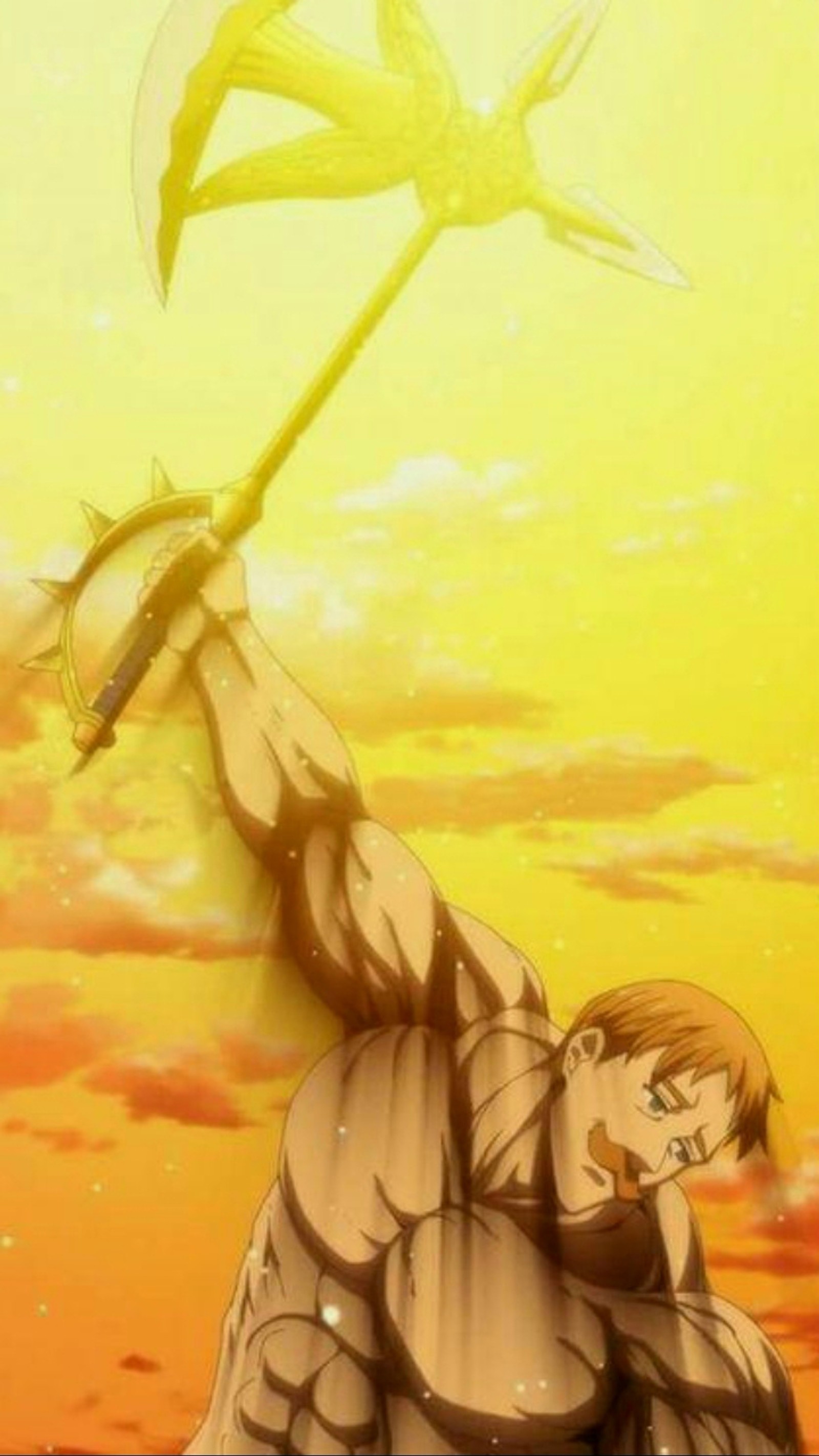 Imagen de anime de un hombre sosteniendo una espada en la mano. (escanor, nanatsu no taizai)