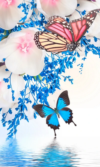 hermoso, mariposas, colorido, florales, flores