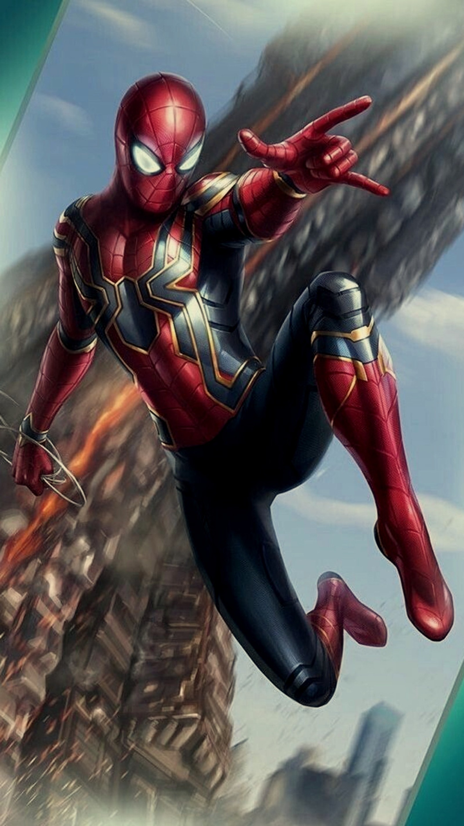 Spider-man in einem anzug fliegt durch die luft mit einer stadt im hintergrund (avengers, hintergrund, krieg, hd, unendlich)