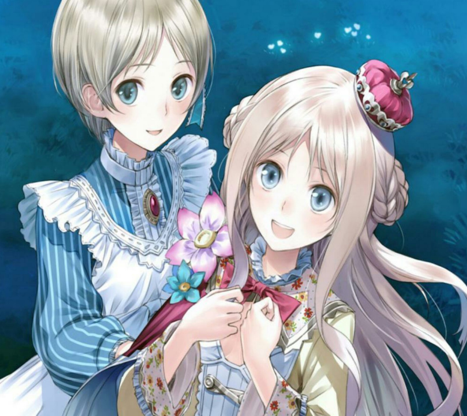 Deux personnages d'anime tenant des fleurs dans leurs mains (anime, filles)