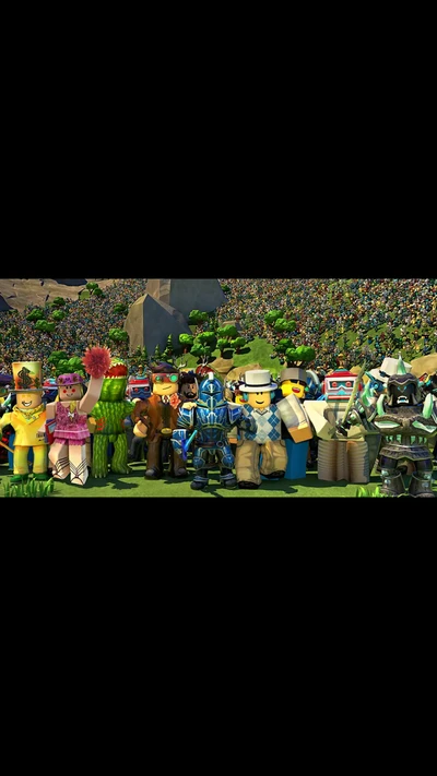 A diverse group of Roblox avatars standing together in a vibrant virtual landscape.