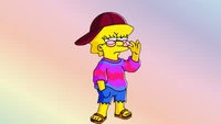 Lisa Simpson con un suéter colorido y una gorra, posando con confianza contra un suave fondo magenta.