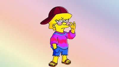 Lisa Simpson em um suéter colorido e um boné, fazendo uma pose confiante contra um fundo magenta suave.