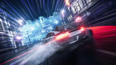 Porsche 911 GT3 RS fährt durch eine Neon-Stadtlandschaft in Need for Speed 2022