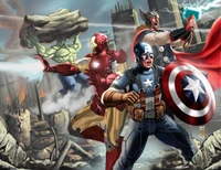 Epic showdown of Marvel superheroes in a dynamic, action-packed illustration, featuring Captain America, Iron Man, Thor, and the Hulk amidst a destroyed cityscape.