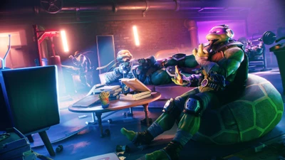 Teenage Mutant Ninja Turtles take a break in a vibrant Fortnite-inspired setting, showcasing Leonardo, Donatello, Raphael, and Michelangelo in a relaxed, colorful game room.