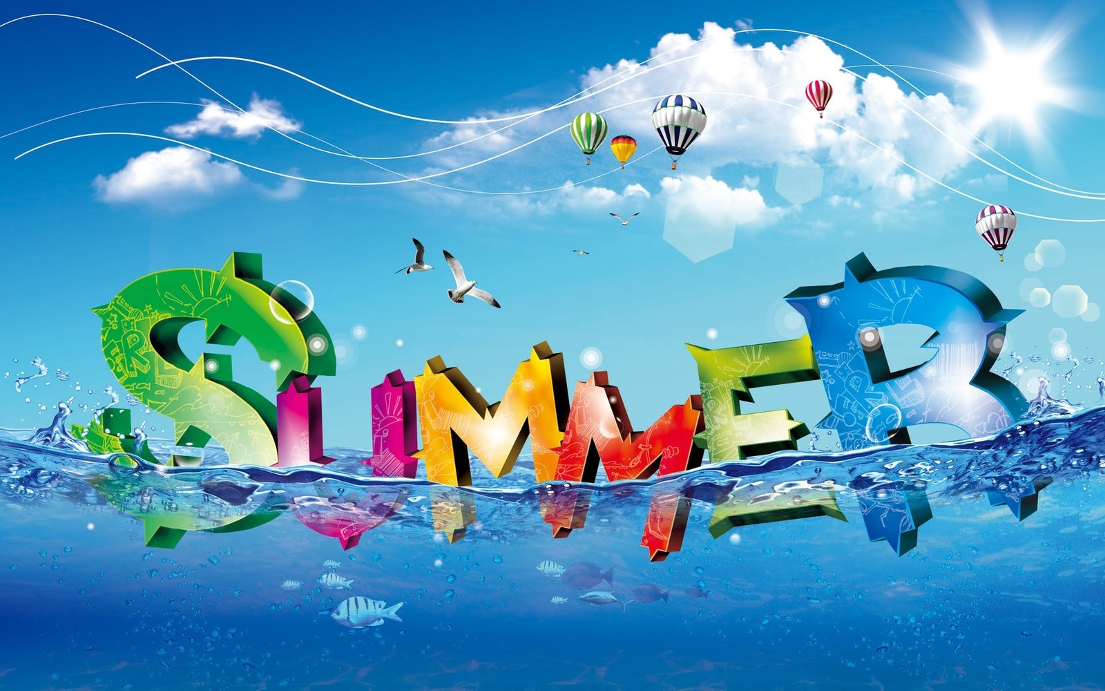 A colorful 3d illustration of the word summer in the ocean (water, illustration, graphic design, leisure, nature)