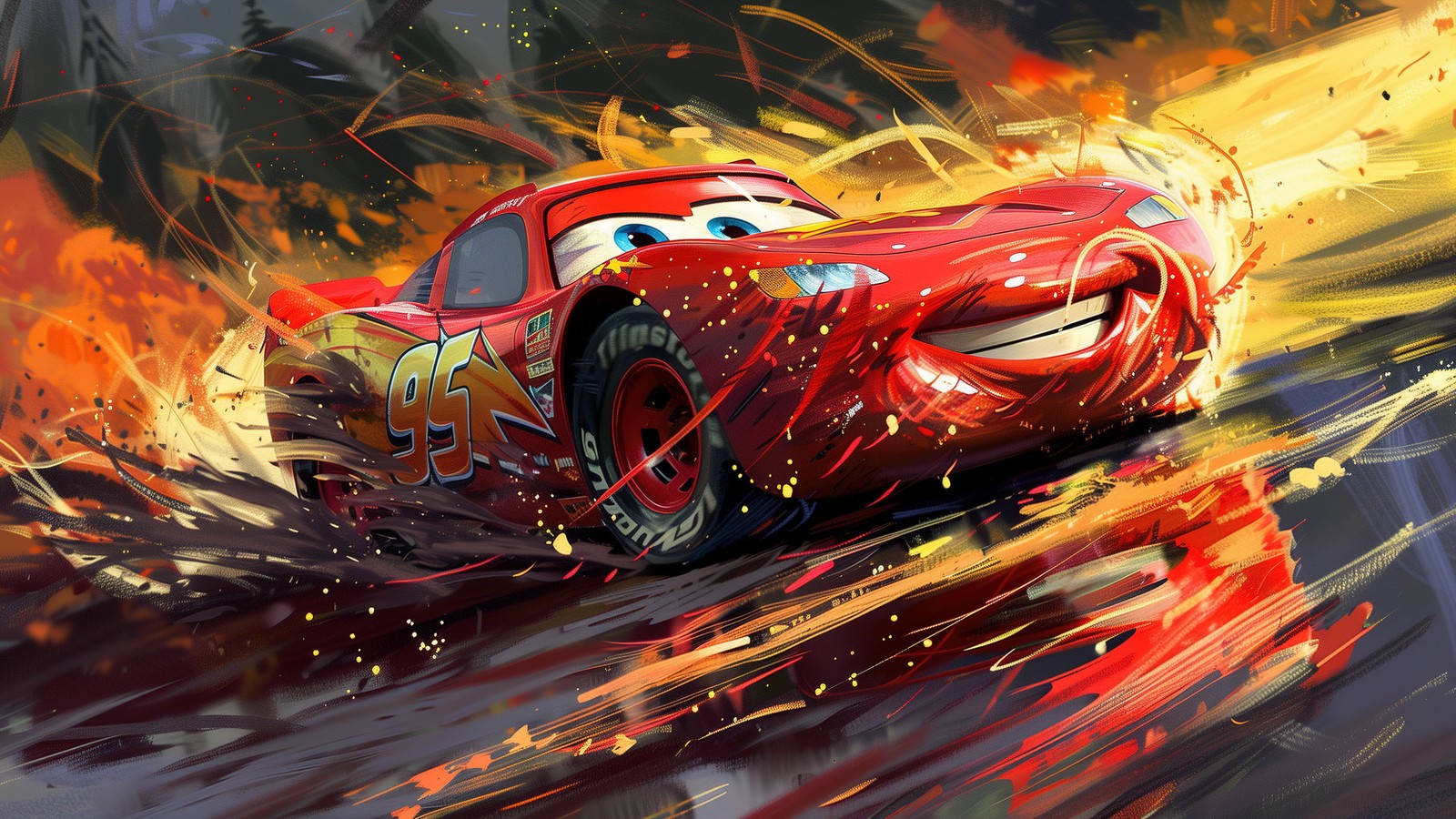 Una pintura de un coche de dibujos animados con llamas saliendo de él (rayo mcqueen, lightning mcqueen, obra de arte, película de coches, gráficos cgi)