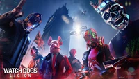 Ensemble vibrant de personnages emblématiques de Watch Dogs: Legion sur fond de Londres cyberpunk, incarnant l'esprit de rébellion et d'art urbain.