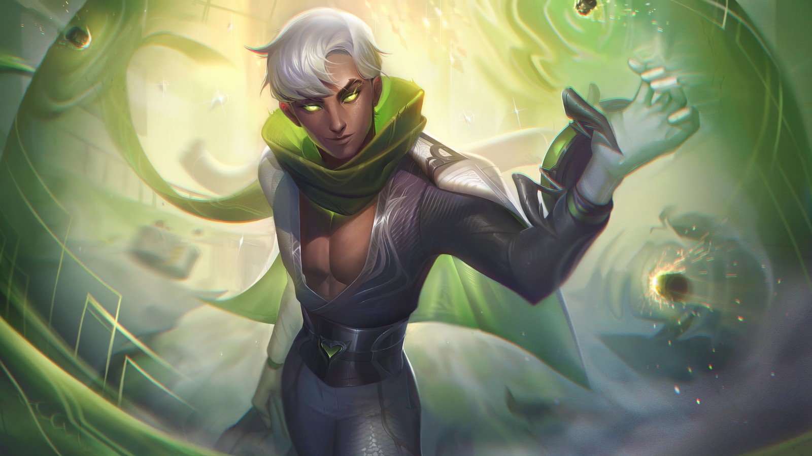 Un primer plano de una persona con cabello blanco y una capa verde (desenvuelto, malzahar, lol, league of legends, videojuego)