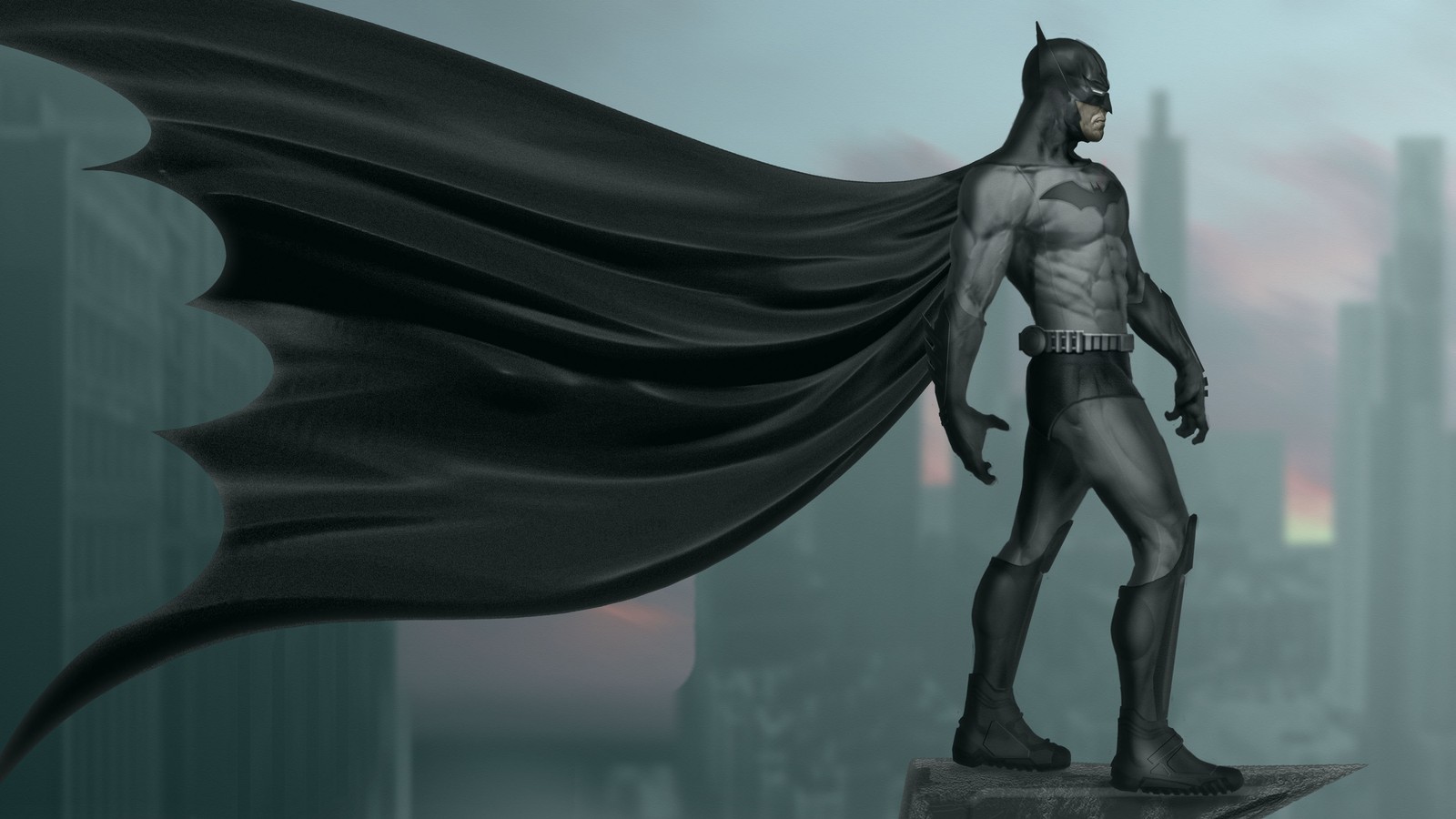 Estátua do batman em um pedestal em frente ao horizonte da cidade (batman, estátua, escultura, arte, mitologia)