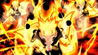 Naruto Uzumaki en mode Sage des Six Chemins libère une énergie puissante dans une scène dynamique et enflammée.