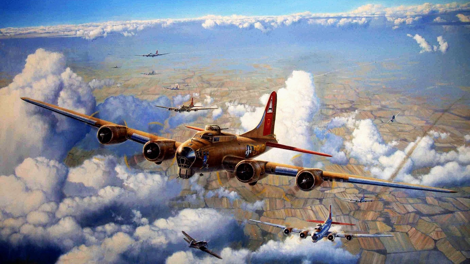 Pintura de un grupo de aviones volando sobre una ciudad bajo un cielo nublado (fuerza aérea, boeing b 17 flying fortress, avión a reacción, aeronave, aviación)