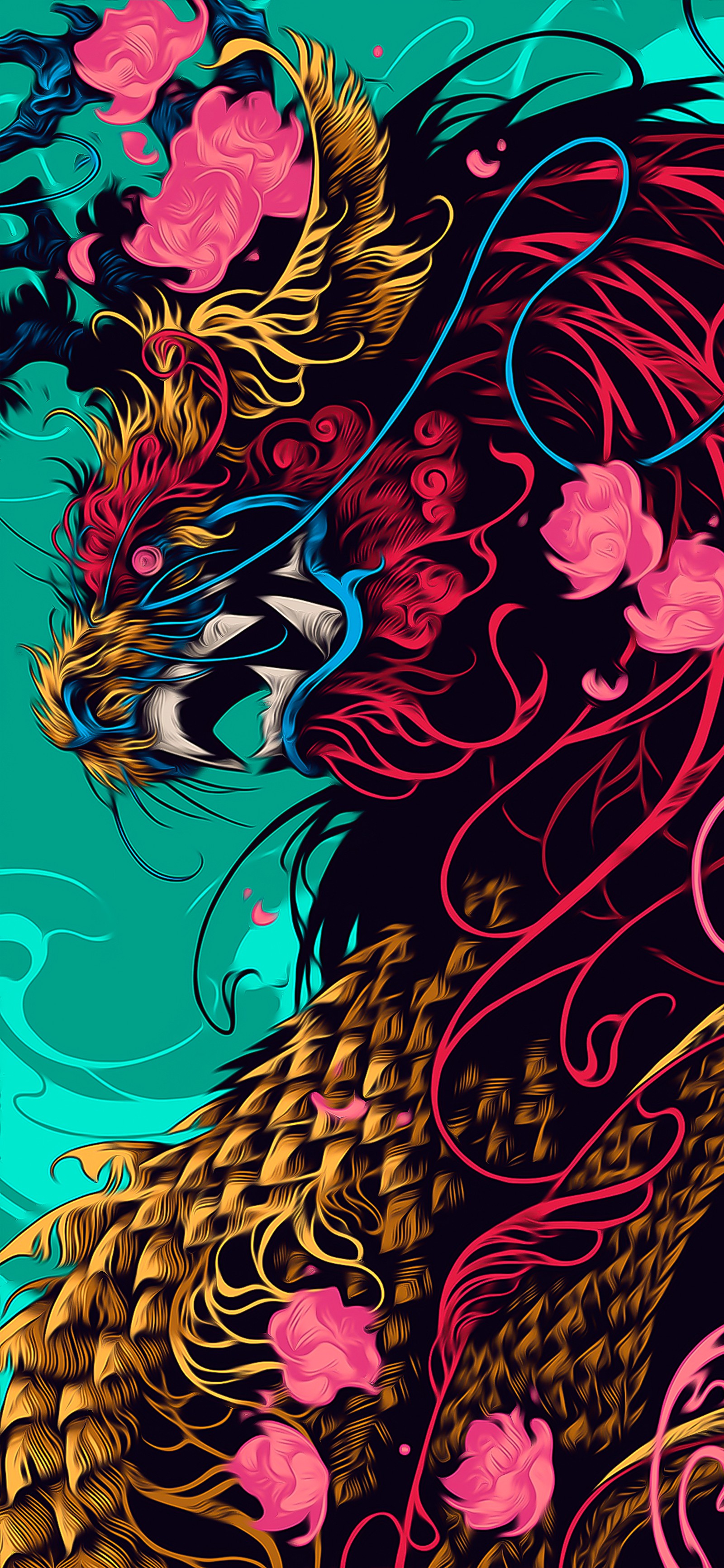 Um close de um pôster colorido com um dragão (ios, maçãs, arte, artes criativas, padrão)