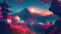 japanese castle, cherry blossom, mountain, mountains, digital art scenery wallpaper