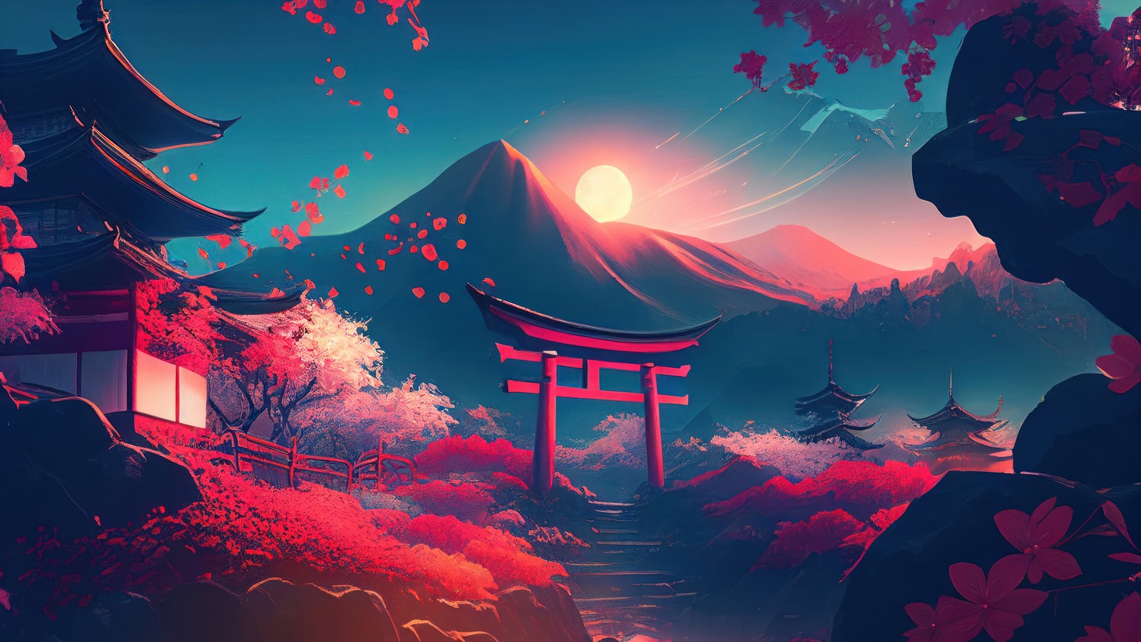 Uma pintura de uma paisagem japonesa com um portão vermelho e montanhas (castelo japonês, flor de cerejeira, montanha, montanhas, digital art scenery)