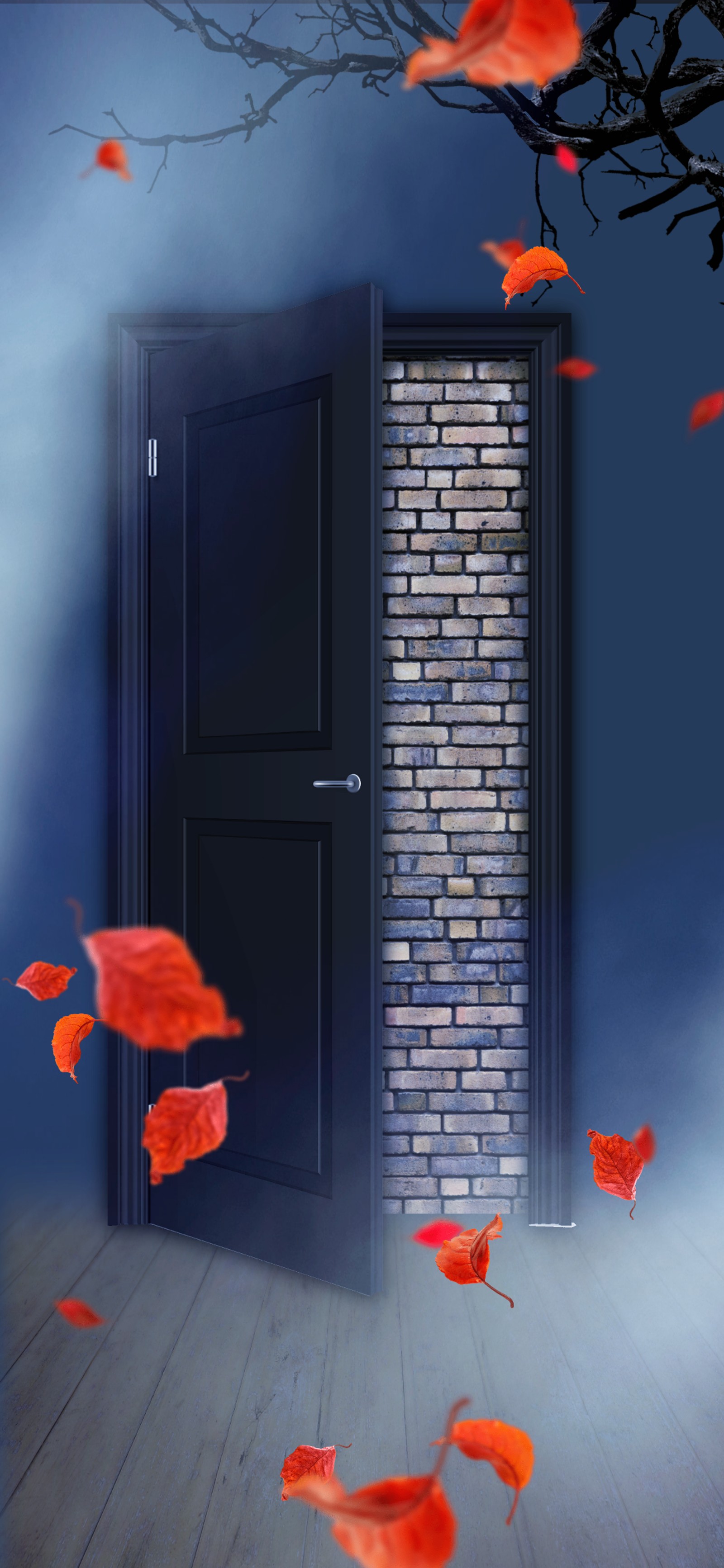 There is a door with a brick wall and a tree with red leaves (orange, light, azure, red, wall)