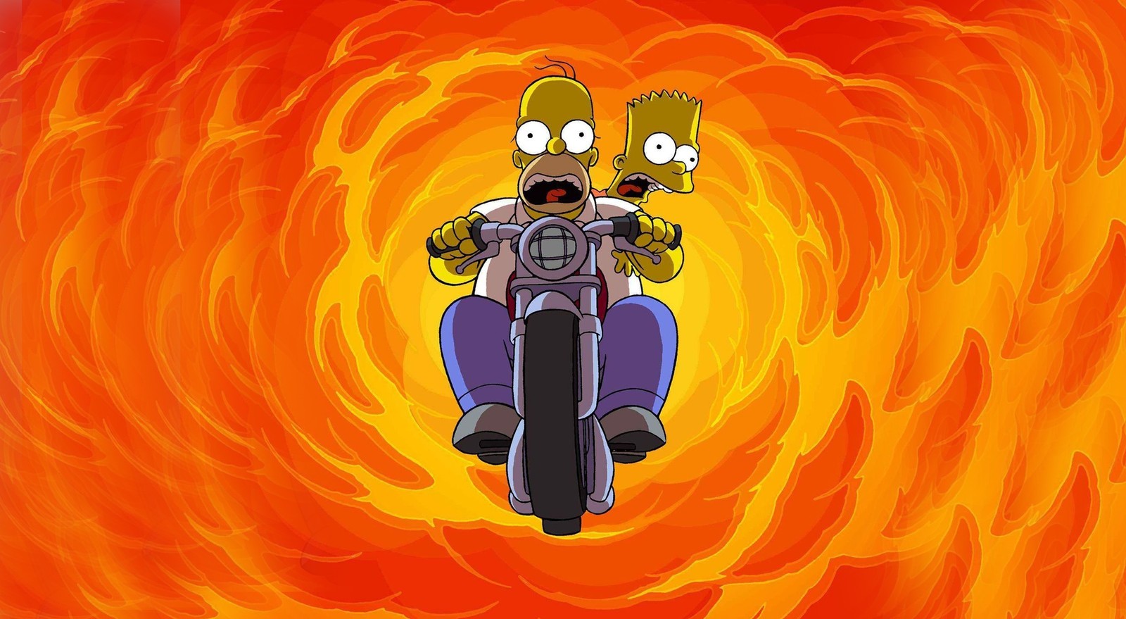 Simpsons riding a motorcycle with a man on the back (homer simpson, bart simpson, orange, cartoon, illustration)