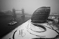 Inverno monocromático em Londres: vistas nebulosas da Tower Bridge e da Câmara Municipal