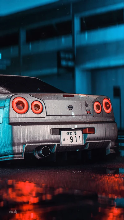 Иконический Nissan Skyline GT-R с ярким автомобильным освещением