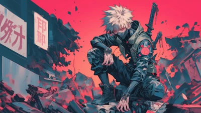 Kakashi Hatake in einer futuristischen Cyberpunk-Umgebung, die Ninja-Elemente mit lebendigen Sci-Fi-Ästhetiken verbindet.