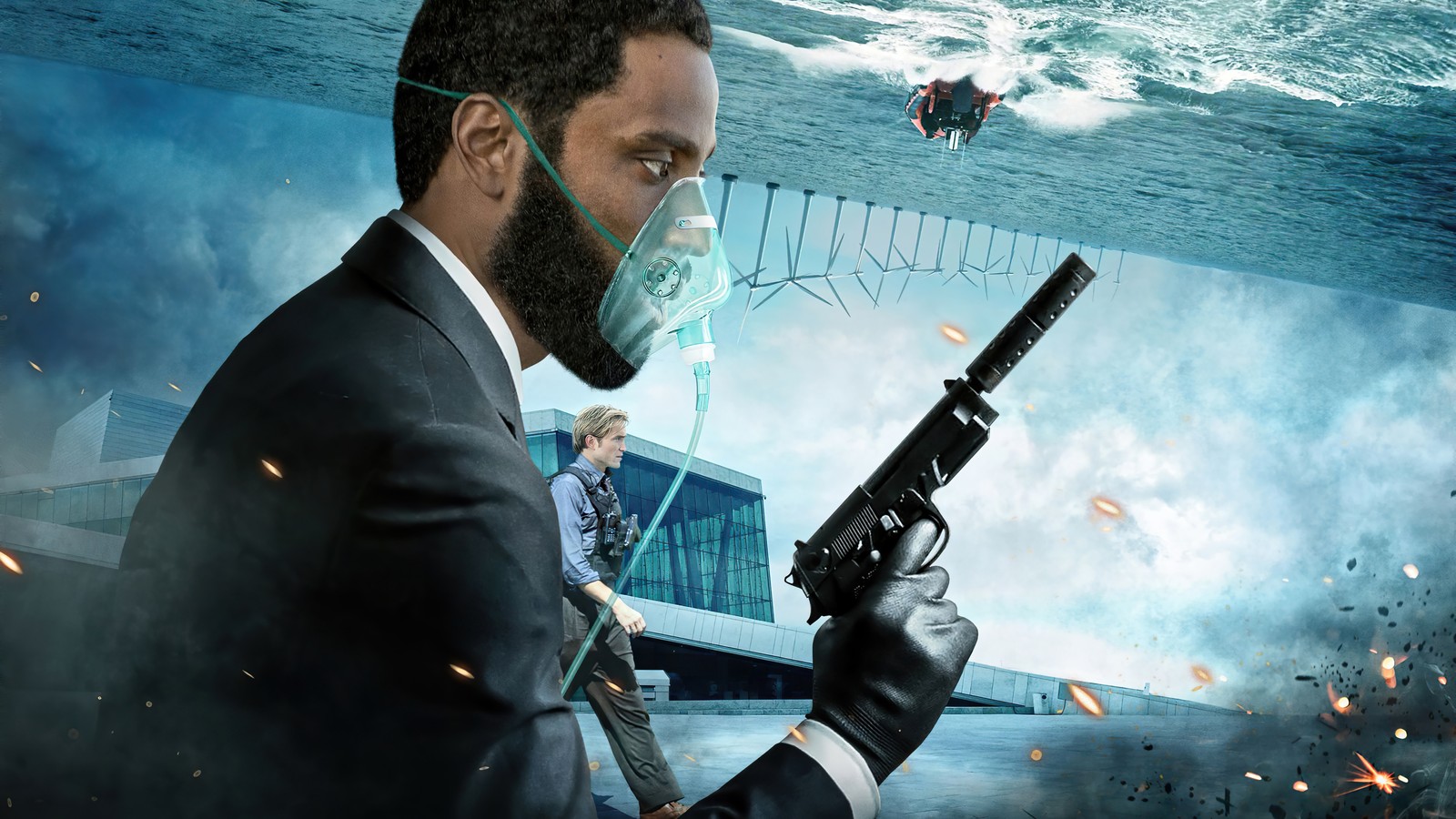 Arafed man in a suit holding a gun in front of a boat (tenet, 2020, movie)