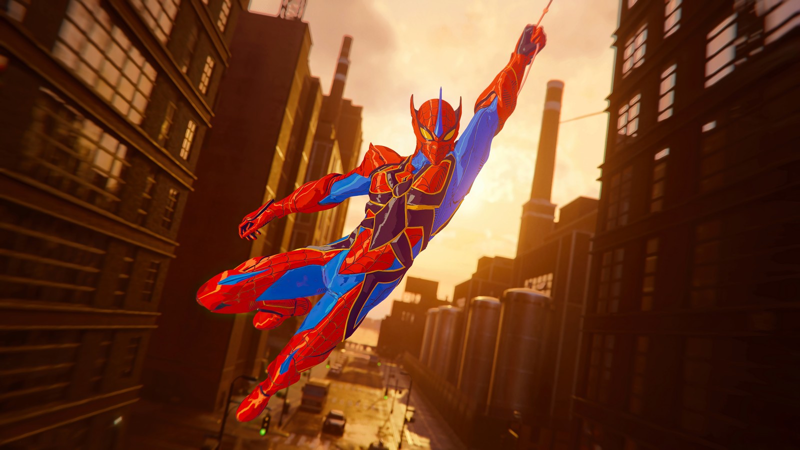 Spider-man volant dans les airs dans une ville au coucher du soleil (marvels spider man, insomniac, playstation, jeu vidéo, arachnid rider suit)