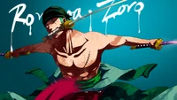 Roronoa Zoro en pose dinámica con dos espadas – Arte de anime One Piece