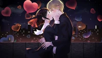 Kaguya Shinomiya and Miyuki Shirogane share a romantic kiss under a starlit sky, surrounded by floating hearts, capturing a moment of love from "Kaguya-sama: Love Is War.