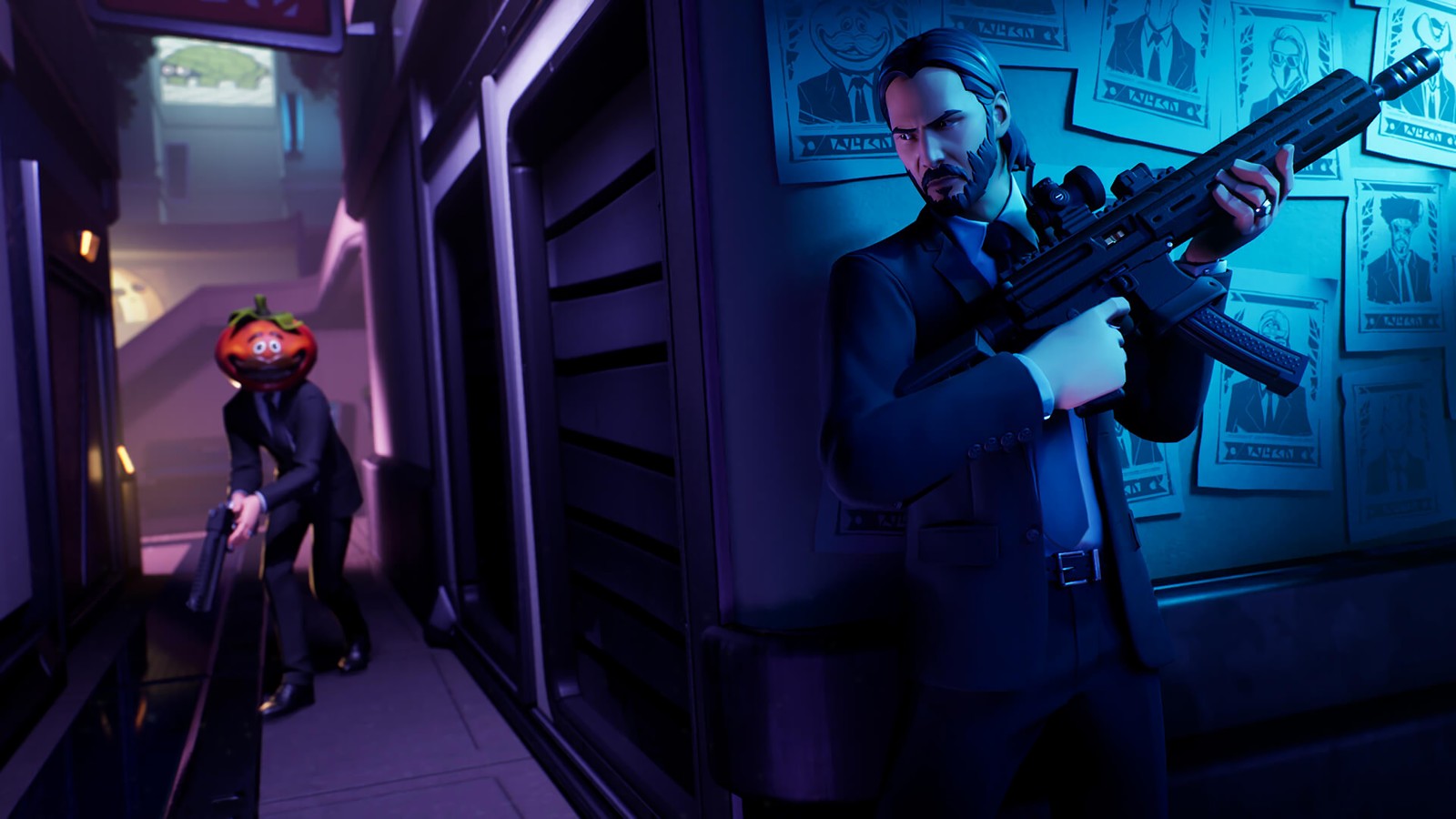 A man in a suit holding a rifle in a hallway (fortnite, fortnite battle royale, video game, john wick)