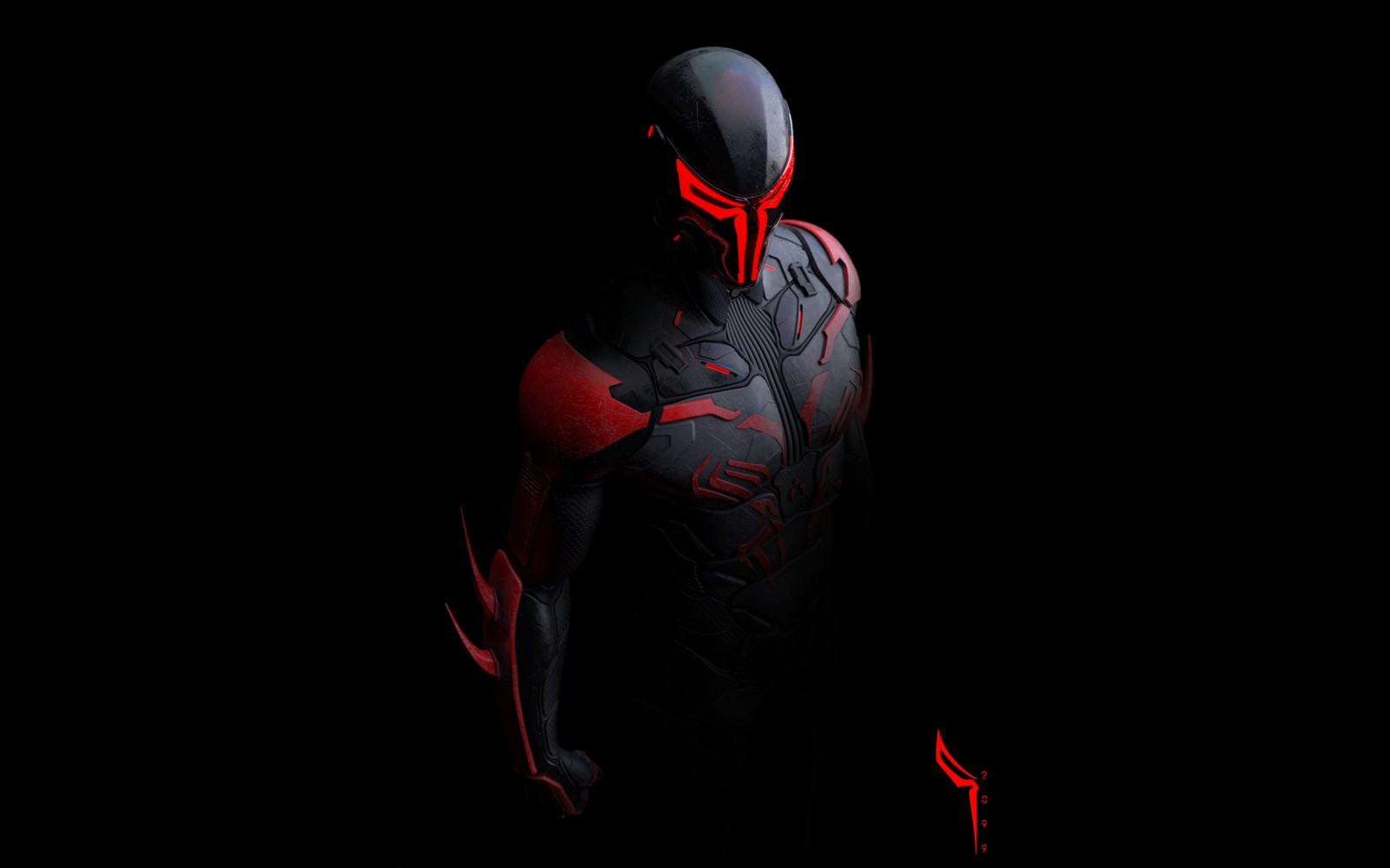 Un primer plano de una persona en un traje negro con luces rojas brillantes (spider man 2099, superhéroes de marvel, marvel superheroes, marvel comics, arte conceptual)