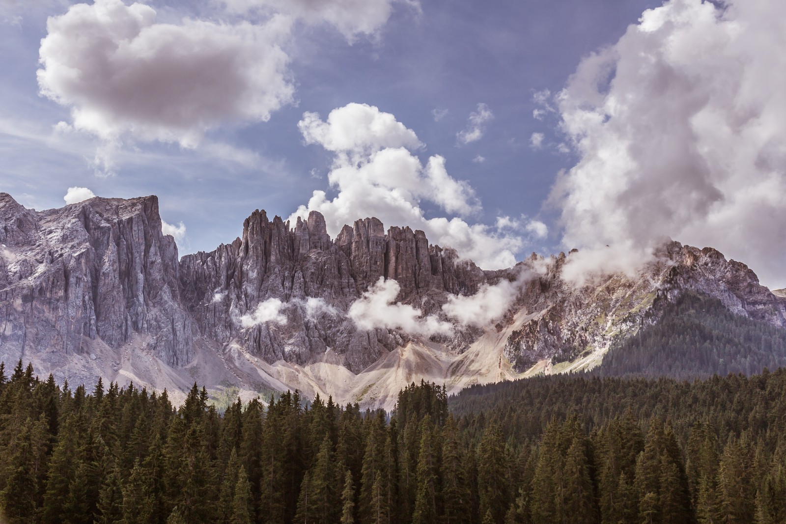 Há um cavalo em pé na grama em frente a uma montanha (dolomitas, dolomites, nuvem, montanha, planta)