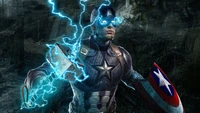 Captain America schwingt Thors Hammer in einem dunklen epischen Kampf