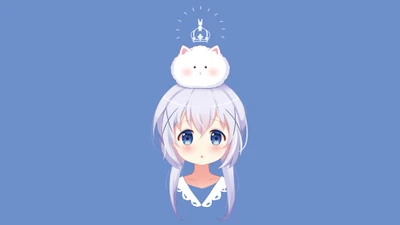 Fille anime kawaii avec une couronne de chat nuage contre un ciel bleu