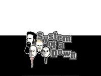 Иллюстрация в стиле мультфильма с участниками группы System of a Down, сопровождаемая ярким графическим текстом с названием группы на контрастном черно-белом фоне.