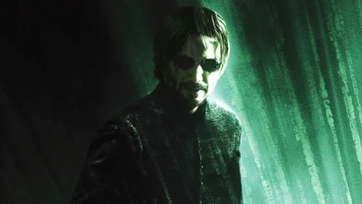 Neo from "The Matrix Resurrections" (2021) in his iconic look, surrounded by digital green code.