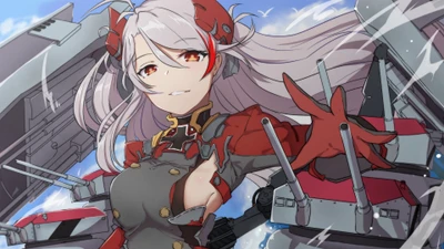 Prince Eugen d'Azur Lane : Personnage d'anime confiant au milieu des cuirassés