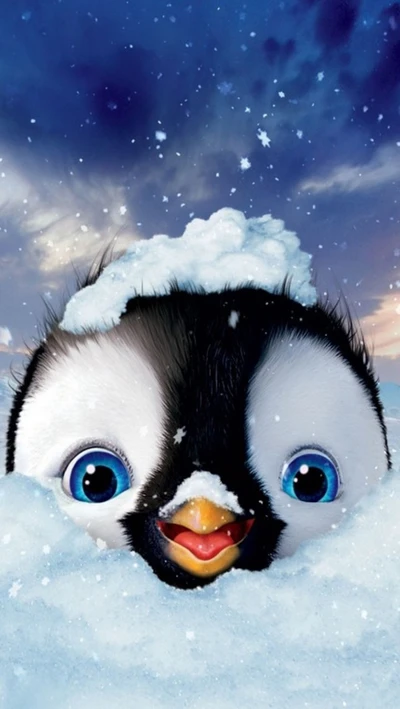 Happy penguin peeking out of the snow, ready to dance in a winter wonderland.