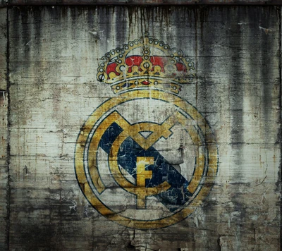 Logotipo do Real Madrid FC em uma parede desgastada