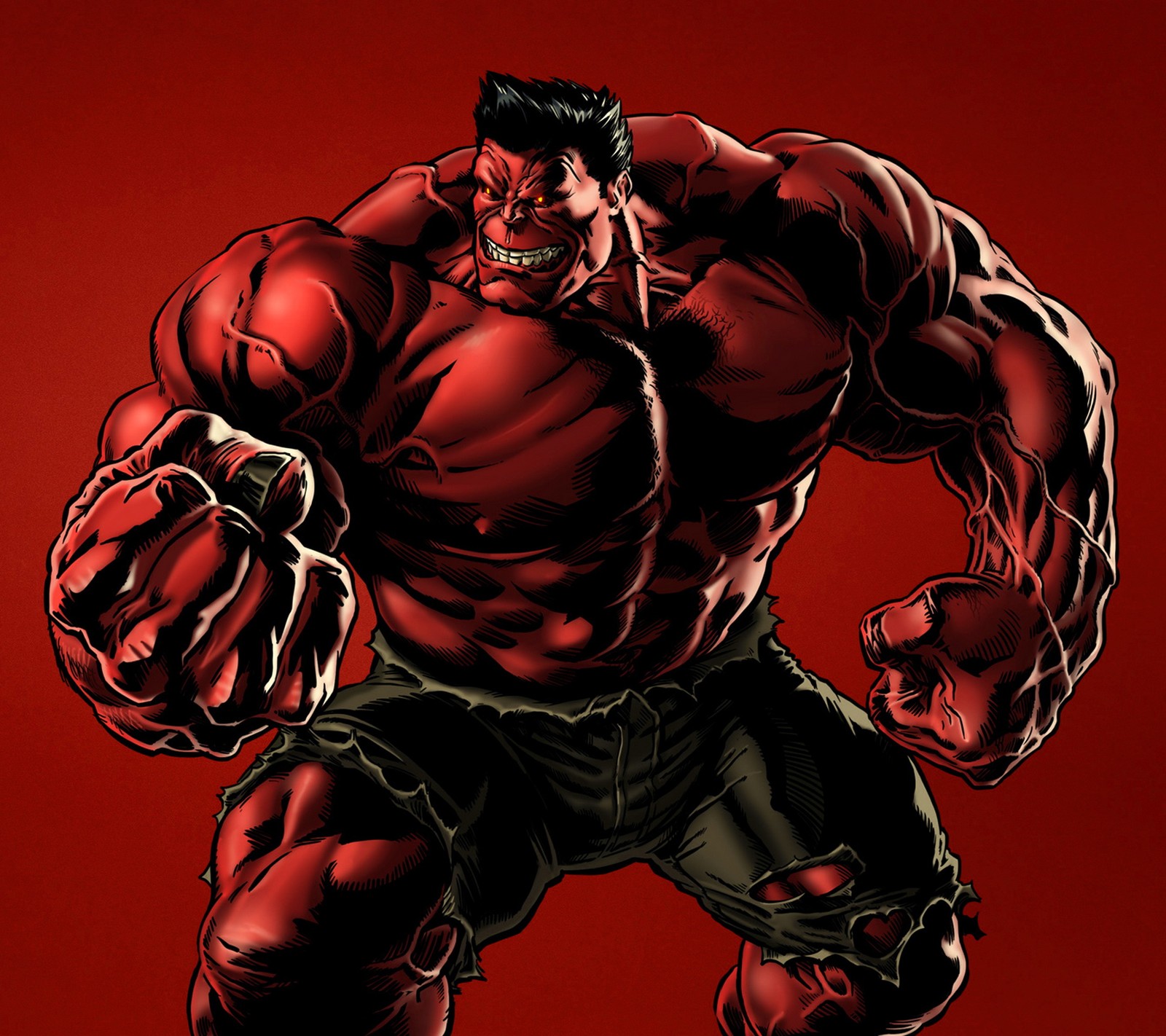 Hulk en rouge et noir avec les poings en avant (cartoon, super héros fictif, marvel comics, lincroyable hulk, the hulk)